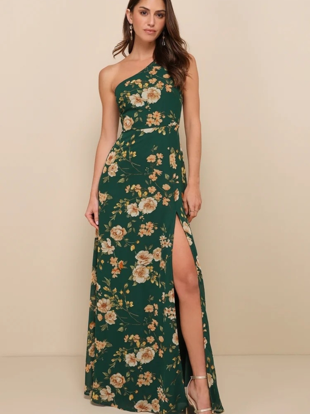 Lulu's Green Floral One-Shoulder Maxi Dress with Side Slit